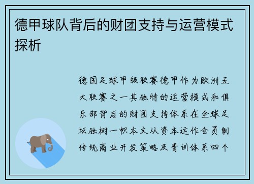 德甲球队背后的财团支持与运营模式探析
