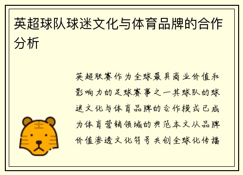 英超球队球迷文化与体育品牌的合作分析