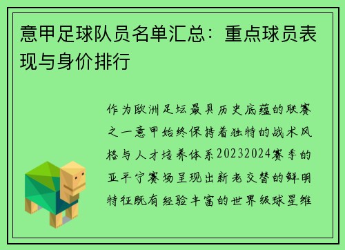 意甲足球队员名单汇总：重点球员表现与身价排行