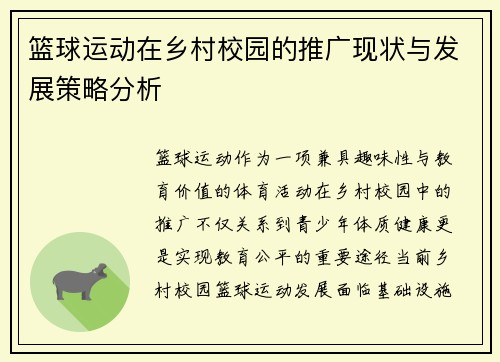篮球运动在乡村校园的推广现状与发展策略分析